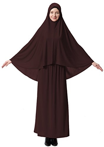 XINFU Muslimische islamische Damen khimar 2-teiliges Set weiches unverwechselbares Gebetskleid Hijab Abaya Anzug (10 Farben erhältlich), coffee, Mittel