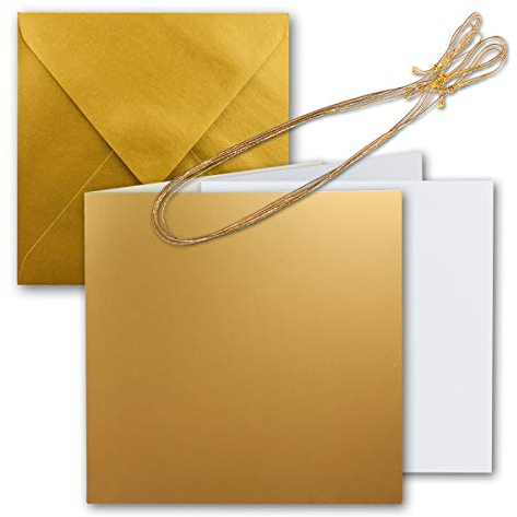 200x Quadratisches Faltkarten Set 15 x 15 cm - mit Briefumschlägen & Einlegeblätter & Schmuckband - Gold Metallic - für Einladungskarten, Hochzeit, Weihnachten - von GUSTAV NEUSER