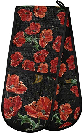 Moyyo Oven Glove Beautiful Red Poppies Flowers Double Oven Glove Heat Resistant Kitchen Oven Mitt with Soft Quilted Cotton Lining Filling Pot Holders for Basking Cooking Pizza Microwave
