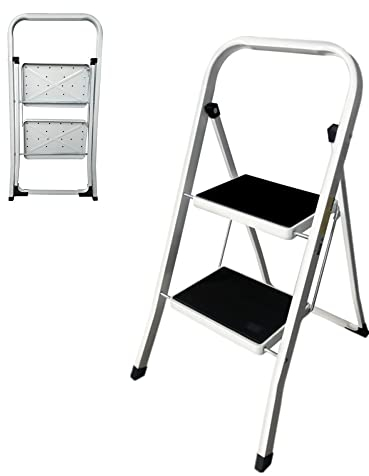 Kleine Trittleiter 2 Stufen Klappbar Haushaltsleiter Stufenleiter Klappbare Stehleiter aus Metall, Einfach zu Verstauen, bis 150 kg Belastbar