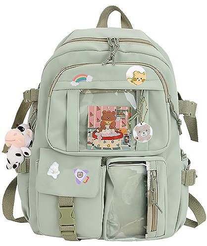 HORHEAR Rucksack Kawaii mit niedlichen Pin Zubehör, Kawaii Plüsch Spielzeug Tier Pin und Cartoon Karte, Kawaii Backpack, Schulrucksack(Style2-Hellgrün)