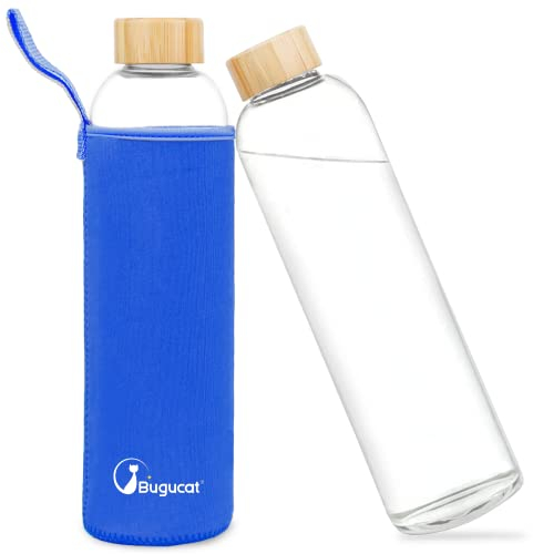 Bugucat Glasflasche 1000 ML, Trinkflasche aus Glas mit chutzhülle,Wasserflasche Auslaufsicher aus Borosilikatglas, Karaffe für Smoothies Säfte Wasser und Getränke, BPA-Free