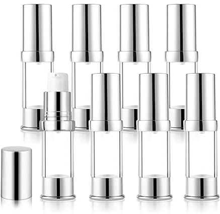 8 Pack 5ml/0.17oz Plastic Airless Pump Bottle Portable Lotion Container Refillable Cream Jar Vacuum Pump Press Dispenser for Travel Cosmetic Emulsion Liquid Foundation Shampoo Toiletries Sample