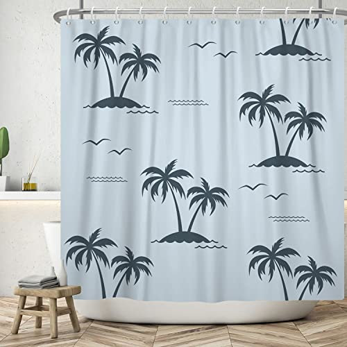 Bovlleetd Cortina de Baño 180x180cm Con Escenario Hawaiano, Isla de Gaviotas y Coco - Decorativa, Impermeable Para Bañera