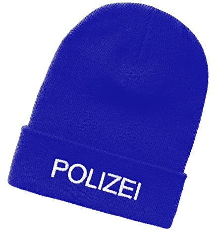 Schnoschi Blaue Strickmütze mit breitem Umschlag (Beanie Mütze) mit Polizei Bestickt für Herren, Damen, Jugendliche und Kinder