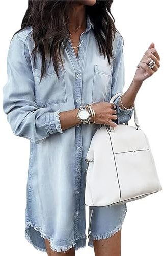 Zilcremo Damen V-Ausschnitt Blusenkleid Hemdkleid Jeanskleider Langarm Knopf Runter Shirtkleid Tunikakleider Oben Hellblau S