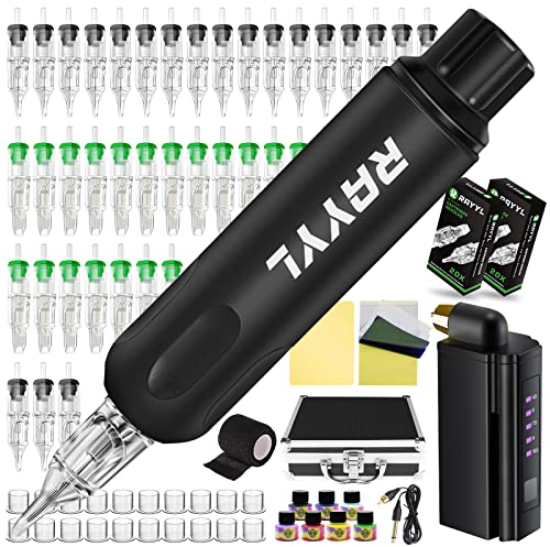 Wireless Rotary Maschine Pen Set, Rayyl Rotary Maschine Set mit Akku, 7 Tinte 20 Ink Cups Kunsthaut für Künstler