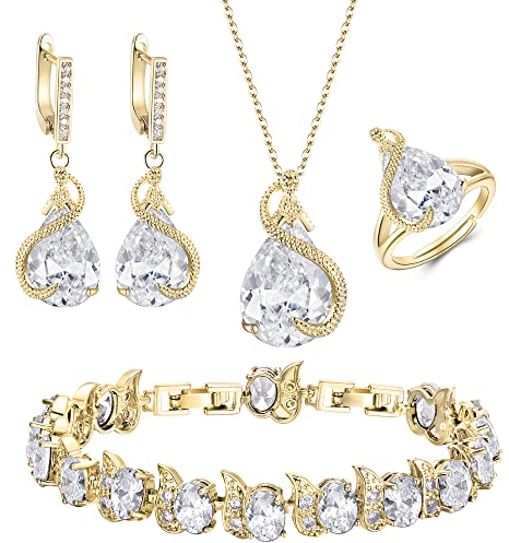 EVER FAITH 4 Stück Tropfen Cubic Zirconia Schmuck Set Glamour Anhänger Halskette Ohrringe Tennis Armband und Offener Ring für Damen Hochzeit Party Klar Gold-Ton