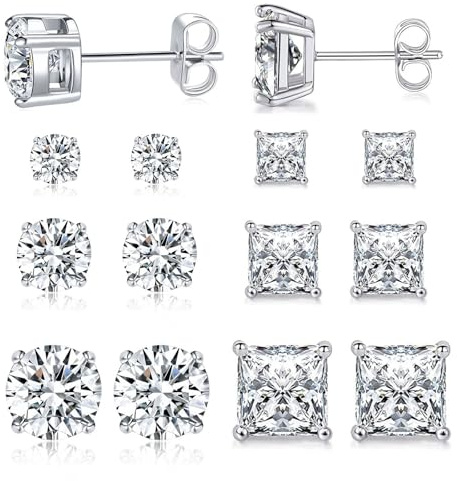 6 Pairs Earrings Set for Men 316L Stainless Steel 3/5/7mm CZ Round and Princess Square Ear Piercing Studs Hypoallergenic Jewelry (white)