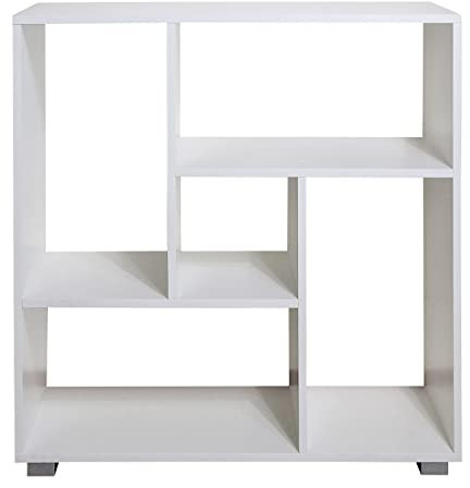 Libreria Scaffale per Soggiorno 5 Ripiani Scaffalatura Portaoggetti Libri Svuotatasche in Legno con Rivestimento Laminato Verticale Orizzontale Mobiletto Cucina Ufficio (Bianco, Italo)