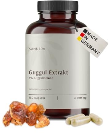 SANUTRA Extrait de Guggul, 180 gélules x 500 mg, 5% guggulstérones | Format 6 mois, extrait 5:1 de résine de guggul, résidus contrôlés, sans additifs, végan, fabriqué en Allemagne