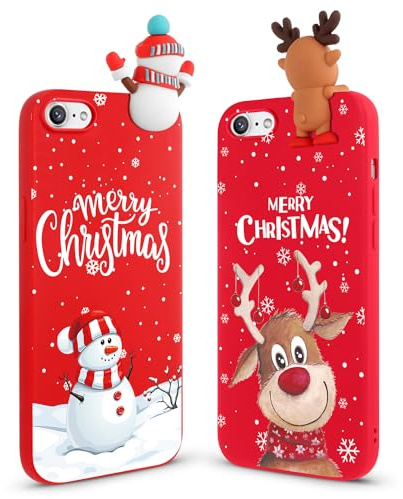 Vauki Weihnachten Hülle für iPhone 8/iPhone SE 2020/iPhone 7/SE 2022 [2 Stück],Handyhülle Rot Weich Silikon Stoßfest Case mit Hirsch Muster und Süß Schneemann,Christmas Geschenke Frauen Schutzhülle