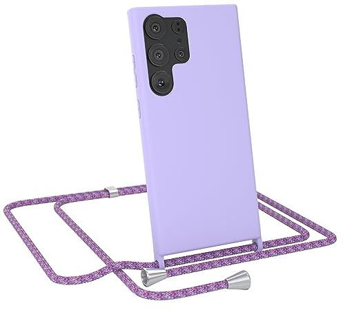 EAZY CASE - Handytasche zum Umhängen - kompatibel mit Samsung Galaxy S23 Ultra Handy Schutzhülle mit Band, Necklace Hülle, farbig TPU Case, Lavendel Lila mit Schnur Unicorn Clips Silber