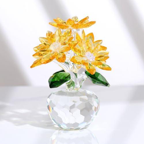 Movdyka Crystal Yellow Daisy Bouquet Figurines Gifts for Her Glass Floral Ornaments for Women Living Room Collectible Flowers Statue Paperweight Presents Christmas Birthday Valentine's Day