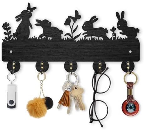 MAYJOYDIY Porte-clés Mural prairie de lapin 30 x 18.4 cm Crochets à Clés Mural de papillons fleurs carottes avec 5 crochets en alliage pour décoration d'intérieur, entrée, porte d'entrée, cadeau