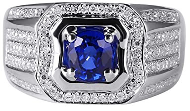 AMDXD 18 Karat Weiß Gold 750 Partnerringe Herren, 1.23ct Labor Erstellt Saphir Solitärring Blau, Quadrat Weißgold 750 mit Moissanit Herren Echte Goldschmuck, Gr.51 (16.2)