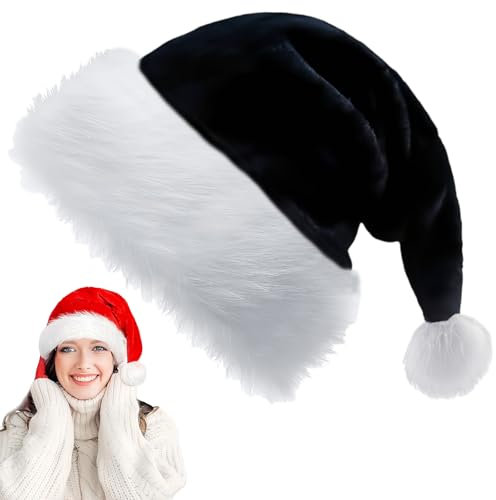 Schwarz Weihnachtsmütze für Erwachsene Kinder,32*45cm Nikolausmütze Plüsche Weihnachtsmann Mütze,Warm Dicker Nikolaus Mütze Santa Clause Mütze für Männer Frauen Mädchen Jungs Familie Weihnachtsfeier