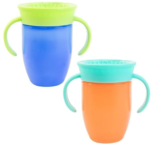 Nuby All Around Water Bottle with Handle - No Spill Sippy Cup | 210ml / 7oz | Drink from Any Angle | Dishwasher Safe | BPA Free | Suitable Beaker for 4 Months Plus (Pack of 2, Blue/Orange)