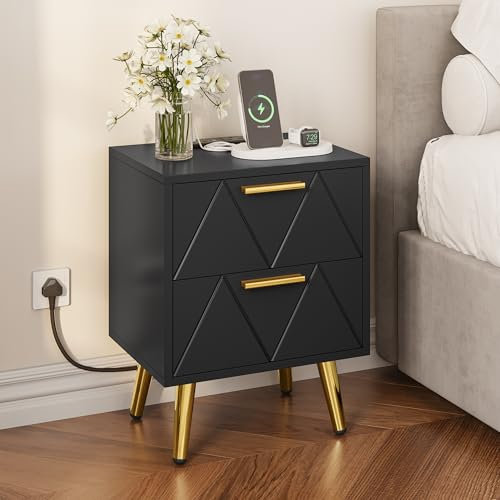 YITAHOME Bedside Table with 2 Drawers and Power Station, Modern Nightstand End Table with Gold Metal Legs and Handles, Storage Side Table for Living Room, Bedroom, 40x30x52cm (Black)