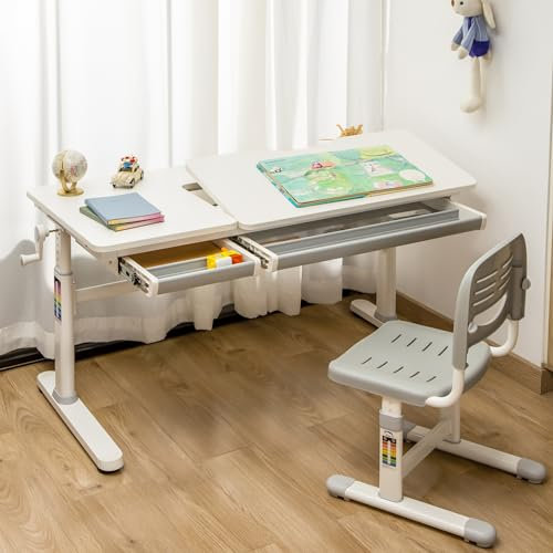 [en.casa] Schreibtisch Kinder Sauda Kinderschreibtisch höhenverstellbar 120 x 60 cm Schülerschreibtisch mit neigbarer Tischplatte und 2 Schubladen Grau/Weiß