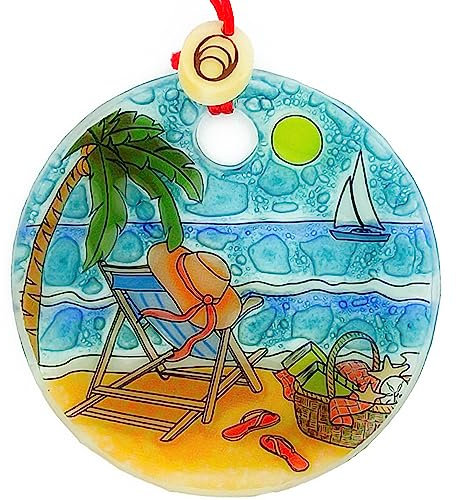 Bolla Glass Art - Beach Scene Ornament - Handmade Fused Glass, 2.5-Inch Hanging Decoration for Windows, Christmas Tree, Car Charm, Memorial Gift, Eco-Friendly with Tagua Bead Suncatcher