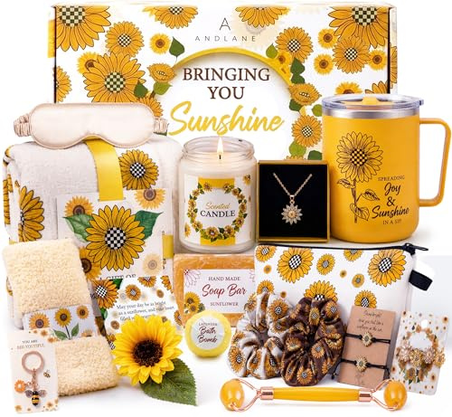 Andlane Sonnenblumen-Geschenke für Frauen – einzigartiges Geschenkkorb-Set – Geburtstagsgeschenke für Frauen, beste Freundin oder Schwester – Sonnenscheinbox-Pflegepaket, Gute Besserung, Denken Sie an