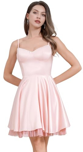 Odizli Damen Sommer Ärmellos Spaghettiträger Satin Spitze Kurz Minikleid