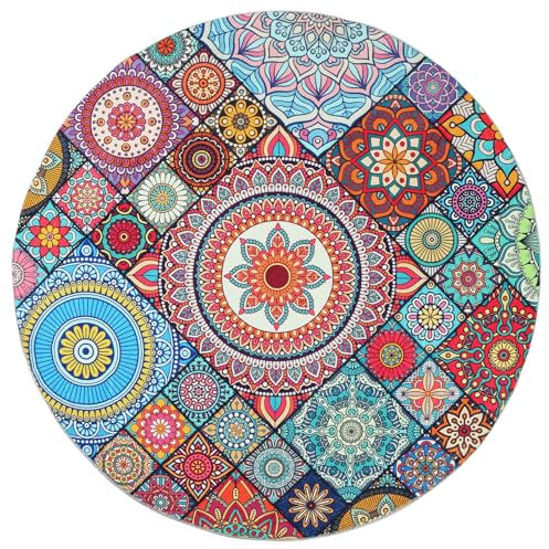 Betadistor Round Rug Short Pile 4 ft (120 cm) Dense Flowers Washable Boho Floral Round Rugs for Hallway Bedroom Kitchen Living Room 405-10120