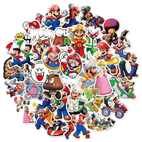 Super Bros StickeR Kinder- 50Pcs Vinyl Mar Aufkleber Kawaii Sticker Set, Wasserfest Geschwollen Sticker Deko Stickers Geschenk Mitgebsel Kindergeburtstag für Laptop Skateboard Scrapbook Bottle