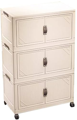 KHDONT Modern Storage Bins With Lids Plastic Storage Box Cabinet Folding Storage Bins Stackable With Wheels & Doors Milky White
