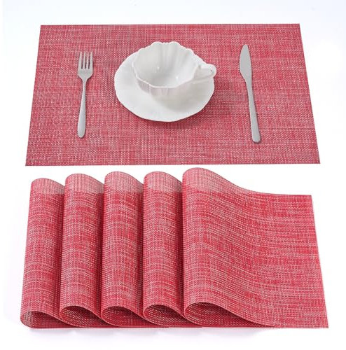 Tischsets Abwaschbar - Platzsets aus PVC, rutschfest und Waschbar - Platzdeckchen - Tischunterlage, Platzset, Tischuntersetzer für Esszimmer, Küche und Restaurant (Rot Mix, 6er Set)