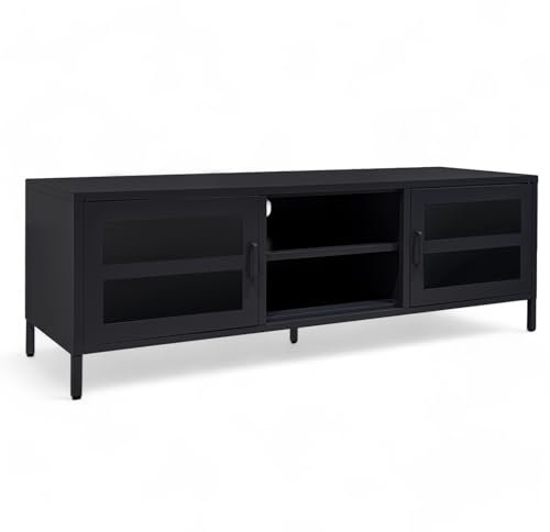 osoltus Sideboard Industriedesign Metall | TV-Konsole mit 2 Glastüren Magnetverschluss | 6 Fächer 150 x 45 x 51,5cm schwarz