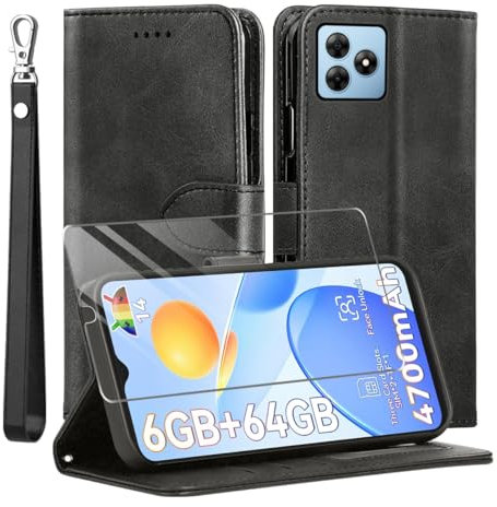 MQERYBV Coque pour Blackview Wave 8C,avec Verre trempé Protection écran,Antichoc TPU Housse en Cuir PU Portefeuille Etui [Béquille] [Fentes pour Cartes],Flip Case pour Blackview Wave 8C- Noir