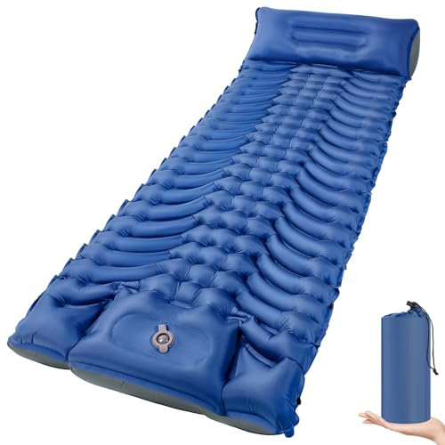 MEIJO Isomatte Selbstaufblasend Camping Matratze, Isomatte Ultraleicht mit Fußpumpe, Verdickte Schlafmatte Selbstaufblasbare Luftmatratze für Outdoor Hikenture Zelt Strand,Blau & Grau