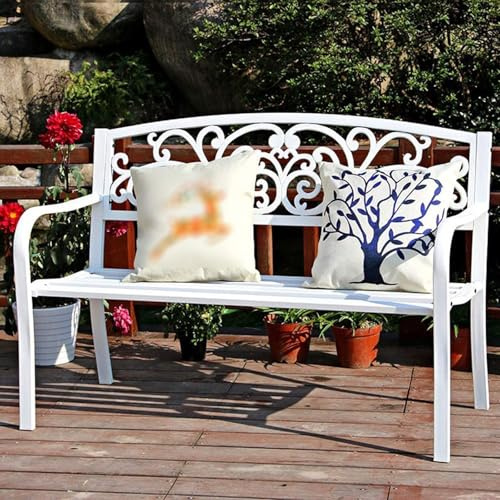 JXYQZD Gartenbank, 50 Metall-Gartenbank, Terrassen/Veranda Möbel mit Rückenlehne und Armlehnen, für Balkon, Hof, Garten, Wetterfest(White)