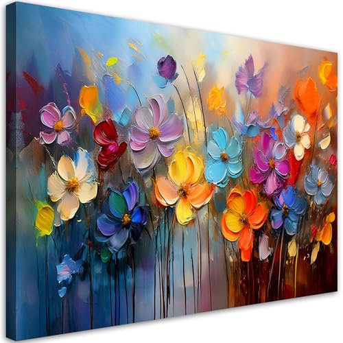 Feeby Bild auf Leinwand - Wandbilder Wohnzimmer Aesthetic - Bunte gemalte Blumen - 60x40 cm 1tlg - Schlafzimmer Wandekoration - Bilder Zimmer - Living Room - Deko Wandbilder - Moderne Bild