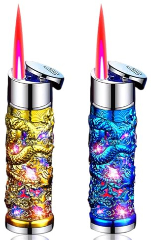 JXUFGYES 2er-Pack Feuerzeuge mit geprägtem Drachenmotiv, Fackelfeuerzeuge, Winddichte Feuerzeuge, Coole Feuerzeuge, aufblasbar, verstellbar, geeignet for Grillen, Kerzen, Camping(A)