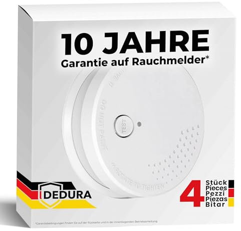 Rauchmelder 4er Set - 10 Jahre Garantie mit 9V Batterie austauschbar - nach DIN EN14604 von BSI zertifizierter Feuermelder, Rauchwarnmelder und Brandmelder