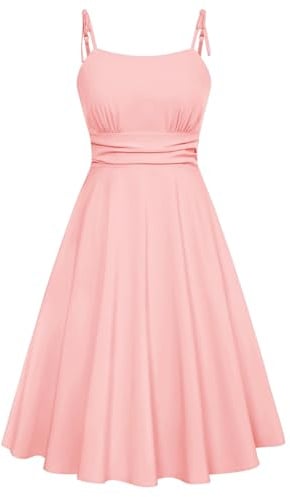 Belle Poque Sommerkleider für Damen Spaghettiträger A-Linie Midi Sonnenkleid Freizeitkleid mit Taschen Urlaubs Strandkleid Hellrosa XXL