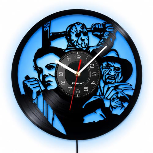Viiluuxr Ausgefallene LED-Horror-Wanduhr 30 cm, leise Vinyl-Uhr, schwarz | Ausgefallene schwarze LED-Wanduhr im Schallplatten-Look, 30 cm, für Wohnzimmer und Gamingzimmer, mit 7 Farben per USB