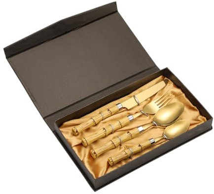 LABRIMP Juego de Cubiertos Inoxidable Set de 4 Piezas Mango de Bambú Diseño Hogar Uso Diario