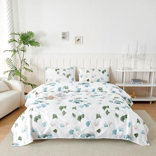 Juego de Sábanas 4 Piezas 180x190/200 cm, Sabanas Cama 180 Microfibra Cepillada Impresión,Sábanas Bajera Ajustable, Sabana Encimera Cama y 2 Funda de Almohada 50x80, Hoja de Ginkgo