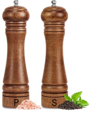 Salz- und Pfeffermühlen-Set aus Holz, nachfüllbar, Salz- und Pfeffermühlen, verstellbar für Grobheit, aus massivem Eichenholz mit Keramik-Edelstahlkern, 20,3 cm, 2 Packungen