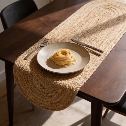 Craft Trade Natural Jute Table Runner Braided Hand Woven Rustic Boho Vintage Dining Table Lunch Runner for Wedding Parties Farmhouse Dinner and Kitchen - Oval 33x152 cm
