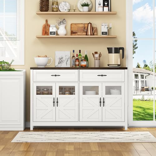 Covigorus Esszimmer Sideboard 140 cm, Buffet mit 4 Türen & 2 großen Schubladen, Moderne Kaffeebar mit Glastüren & Stauraum, weiß & Nussbaum, für Wohnzimmer, Küche & Büro