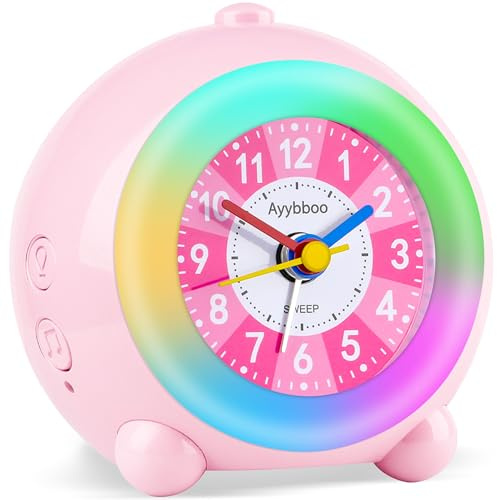 Ayybboo Wecker Kinder Ohne Ticken mit Snooze und Nachtlicht,Kinderwecker Batteriebetrieben Lernwecker für Jungen und Mädchen,Quarz Analog Wecker für Kinder (Rosa)