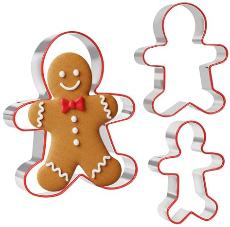 TRIXES 3er Ausstecher-Set Lebkuchenmann mit rotem Silikonrand | 3 Größen – Lebkuchenfamilie, Küchenhelfer und Backzubehör