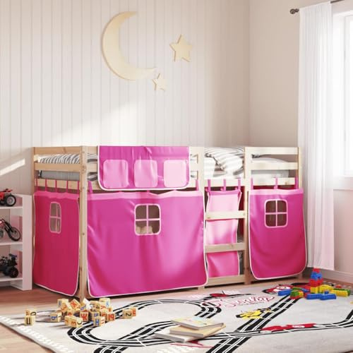 Bucmath Etagenbett mit Vorhängen, Rosa, 90x190 cm, Massivholz Kiefer, Robustes Kinderbett, inklusive Vorhang-Set, langlebig, für Kinderzimmer