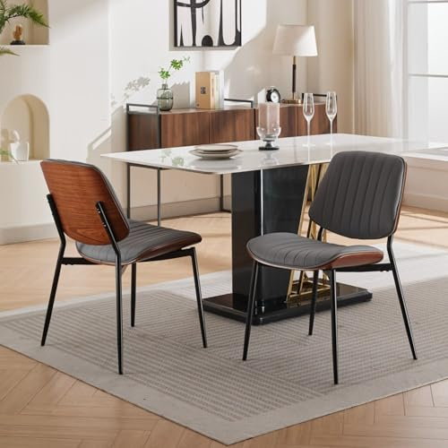 WEALTHOUSE Set Zwei Esszimmerstühle Mid Century Modern Design Retro Kunstleder Sitzfläche Gebogene Rückenlehne Holzoptik Metallgestell Verstellbare Füße Wohnzimmer Küche Essbereich Stühle (Grau)