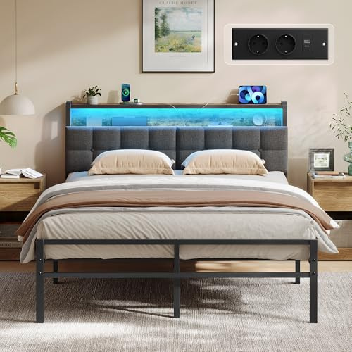 VASAGLE Metallbett 140 x 200 cm, mit Kopfteil, Stauraum und LED | Bettgestell mit Steckdosen, 218,3 x 140,5 x 104,5 cm, für Schlafzimmer, Mattschwarz und Braun, CONNER Kollektion RMB124G101